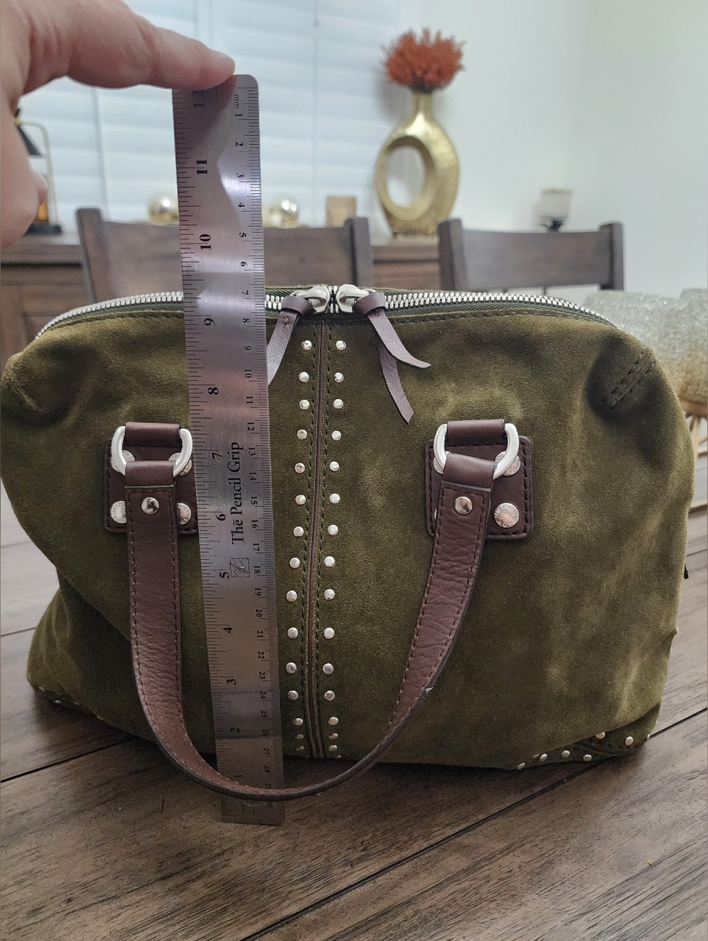 Michael Kors Olive Green Suede Silver Studded Handbag Astor Collection - Picture 9 of 13